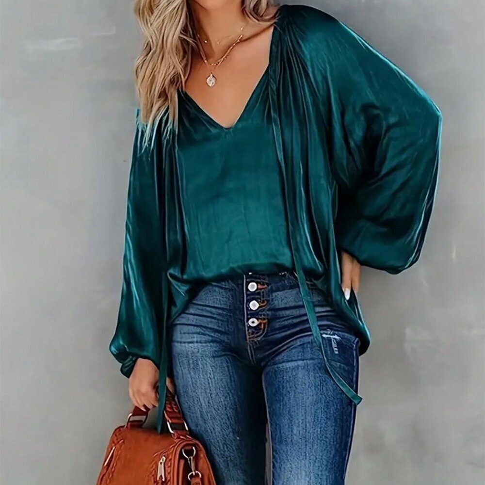 Green Casual Women's Front Tie Long Sleeve Blouse - Picture 1 of 3